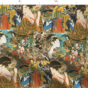 Geisha Collage Fabric - Vintage Asian Collage By Whimzwhirled - Collage Craft Geisha Asia Vintage Cotton Fabric By The Yard With Spoonflower