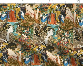 Geisha Collage Fabric - Vintage Asian Collage By Whimzwhirled - Collage Craft Geisha Asia Vintage Cotton Fabric By The Yard With Spoonflower