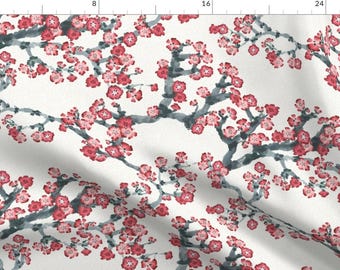 Cherry Blossom Fabric - Cherry Blossom By Angelastevens - Cherry Blossom Calligraphy Black Red Cotton Fabric By The Yard With Spoonflower