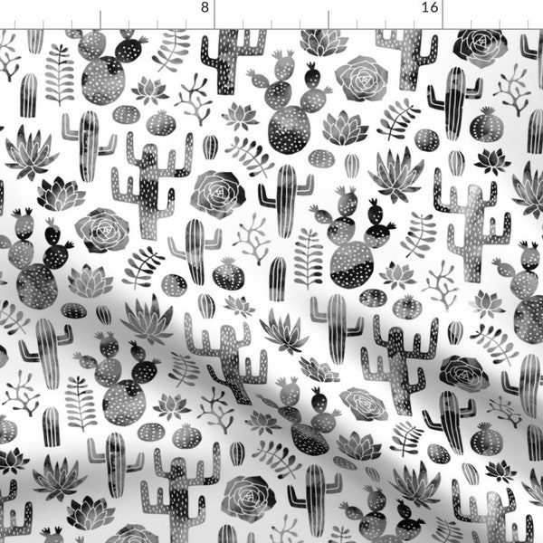Monochrome Fabric - Cactus And Succulent Monochrome Watercolor By Heleen Vd Thillart - Monochrome Cotton Fabric By The Yard With Spoonflower