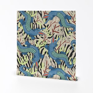 Whimsical Maximalist Removable Peel and Stick Wallpaper - Blue Bright Animal - Wall Art Wall Decor - Bazaar Gator Blue by holli_zollinger