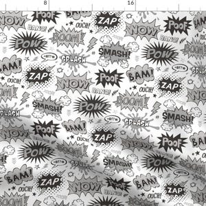 Superheroes Fabric - Superhero Comic Pop Art Speech Bubbles Words Black White Grey By Caja Design - Superheroes Fabric With Spoonflower