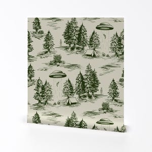 Alien Toile Removable Peel and Stick Wallpaper - Whimsical Ufos - Wall Art Wall Decor - Dark Green Alien Abduction by somecallmebeth