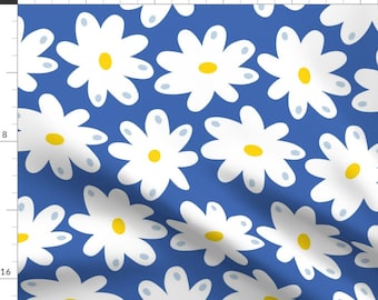 Retrodaisy Floral Apparel Fabric - Happy Daisies by krisztinajung - Blue Botanical Garden Bloom Yellow White Clothing Fabric by Spoonflower