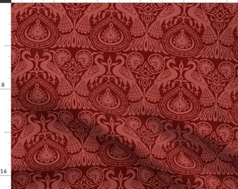 Medieval Peacock Fabric - Medieval Peacocks by red_tansy - Maroon Damask Historical Middle Ages Fabric by the Yard by Spoonflower