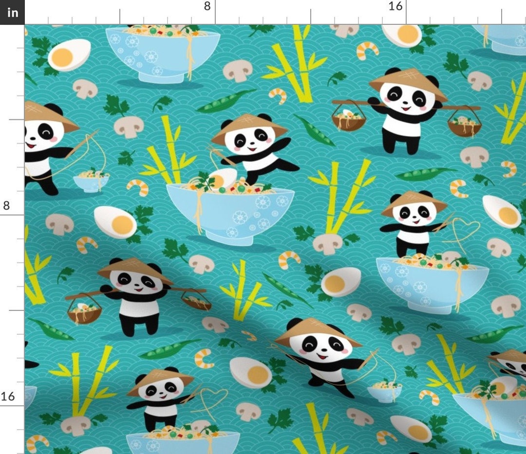 Panda Noodle Fabric Pandas and Noodles Teal by Bamokreativ Etsy