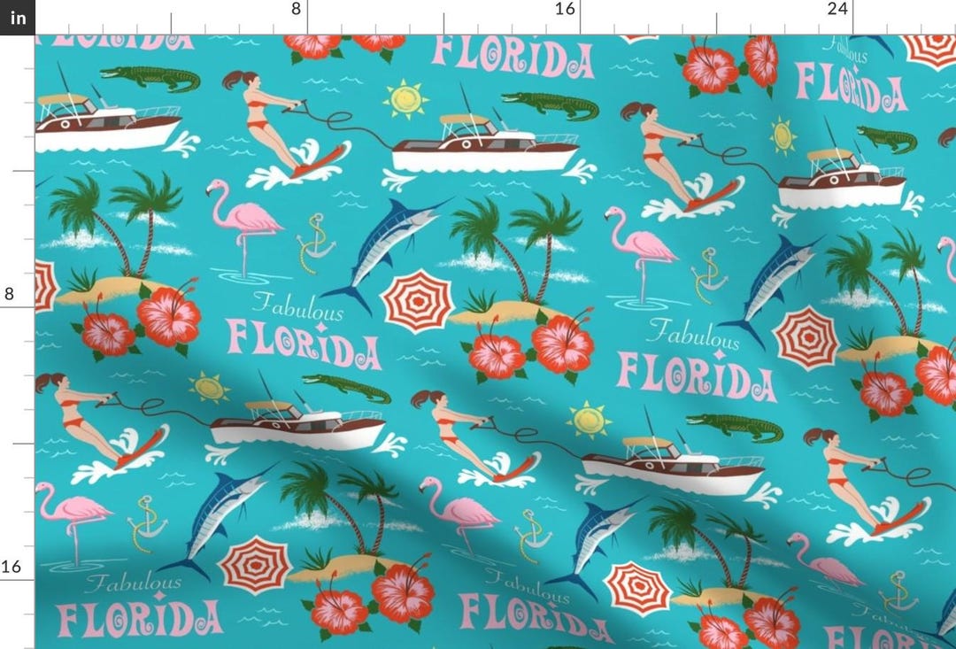 Florida Blue Vacation Summer Pattern Postcard Fabric - Fabulous Florida ...