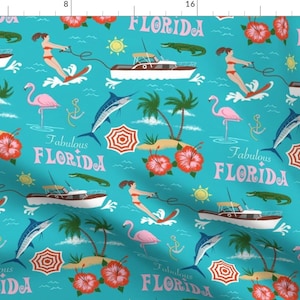 Florida Blue Vacation Summer Pattern Postcard Fabric - Fabulous Florida By Ruby Ritz - Florida Cotton Fabric By The Yard With Spoonflower