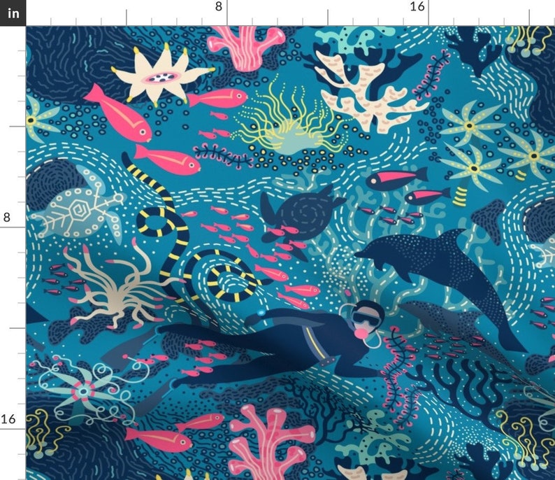 Scuba Divers Coral Reef Sports Fabric Scuba Diving Blue Etsy