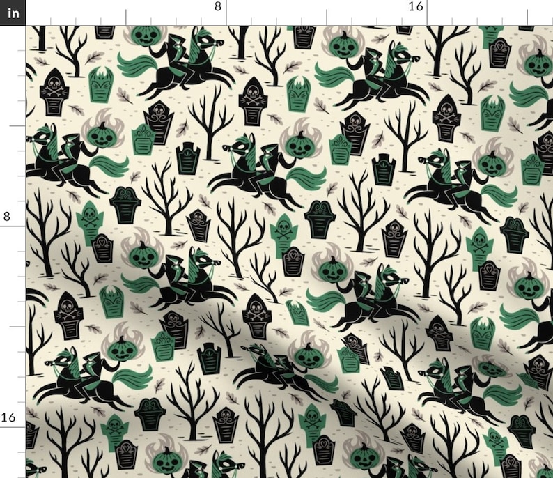 Headless Horseman Halloween Fabric Headless Horseman Large Scale Green By Therewillbecute Headless Horseman Fabric With Spoonflower image 1