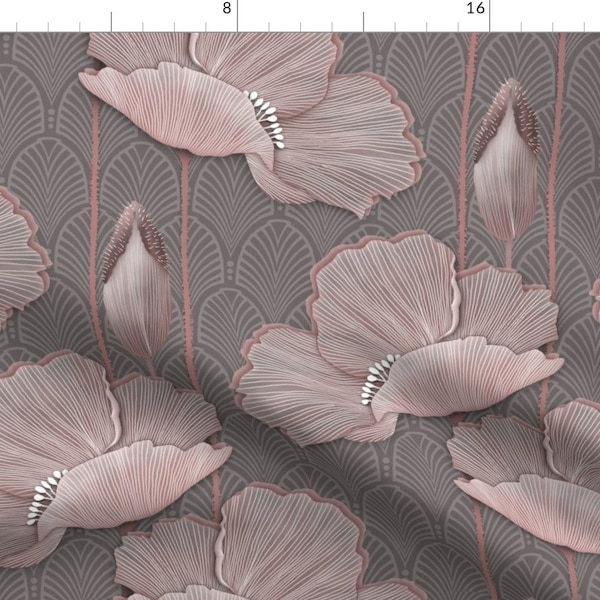 1920s Glamour Fabric - Art Deco Poppies by j9design - Large Scale Floral Blush Pink Gray Elegant Feminine Fabric by the Yard by Spoonflower