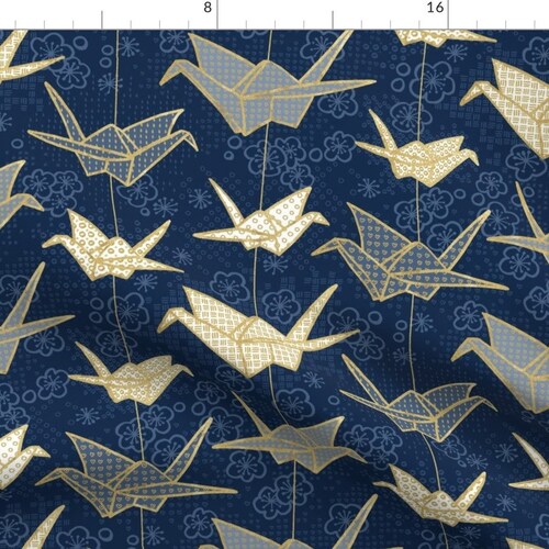 Japanese Crane Fabric Forest Cranes by Forestsea Navy Blue Etsy