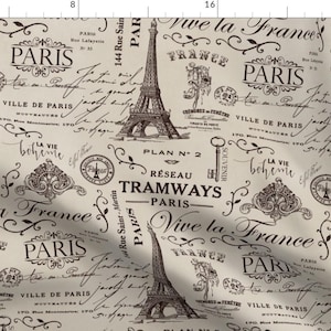 French Vintage Fabric - Paris Ephemera by andrea_haase_design - Eiffel Tower Calligraphy France Europe Fabric by the Yard by Spoonflower