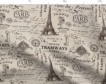 French Vintage Fabric - Paris Ephemera by andrea_haase_design - Eiffel Tower Calligraphy France Europe Fabric by the Yard by Spoonflower