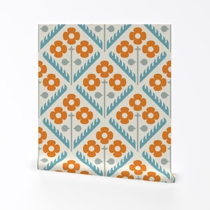 Retro Flowers Removable Peel and Stick Wallpaper - Orange Blue 70s Mid Century Floral - Wall Art Wall Decor - Geometric Floral by khakifinch