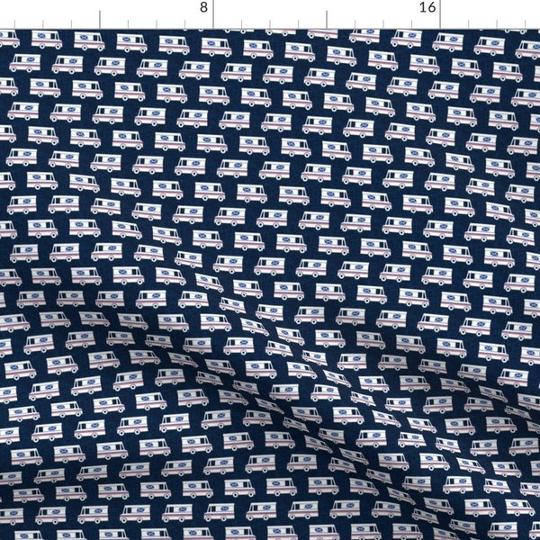 Mail Truck Fabric - Small Scale Mail Trucks Navy By Littlearrowdesign - Post Office Postal Worker Cotton Fabric By The Yard With Spoonflower