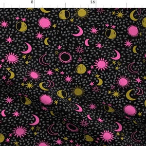 Moon & Sun Fabric - Night Sky Galaxy Fabric // Nursery Baby Black And Pink By Andrea Lauren - Sun Cotton Fabric by the Yard With Spoonflower