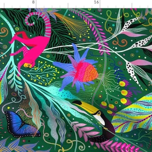 May include: A vibrant, tropical-themed fabric design featuring a lush green background. The pattern includes a pink monkey, toucan, and blue butterfly, along with colorful flowers and foliage. The design is filled with bright colors and intricate details.