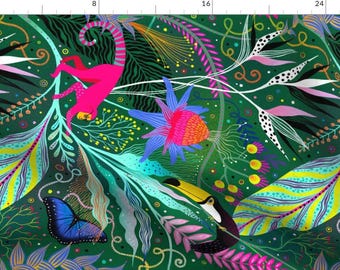 Bold Butterfly Fabric - Tropical Surrealism By Julia Gosteva - Bright Forest Paradise Green Pink Cotton Fabric By The Yard With Spoonflower