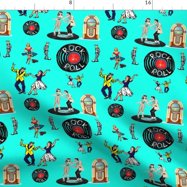 Retro Rock N Roll Fabric - Rock N Roll Baby ! By Floramoon Designs - Rock N Roll Music Retro Blue Cotton Fabric By The Yard With Spoonflower