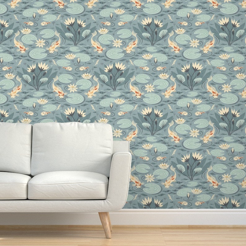 Tranquil Water Lily Wallpaper Water Lilies and Koi Fish by - Etsy