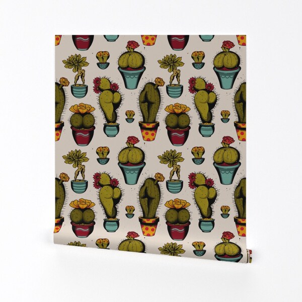 Cactus Butts Wallpaper - Cactass Tattoo, Large By Cecilia Granata - Succulent Kitschy Retro Butts Booty Behind Wallpaper With Spoonflower