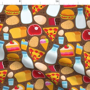 May include: A seamless pattern featuring a variety of food items, including pizza slices, bread, milk bottles, eggs, cake, and chocolate bars. The background is a brown color.
