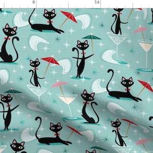 Kitsch Fabric - Cocktail Umbrella Cats By Bamokreativ - Mid Century Atomic Teal Black Cats Mod Cotton Fabric By The Yard With Spoonflower