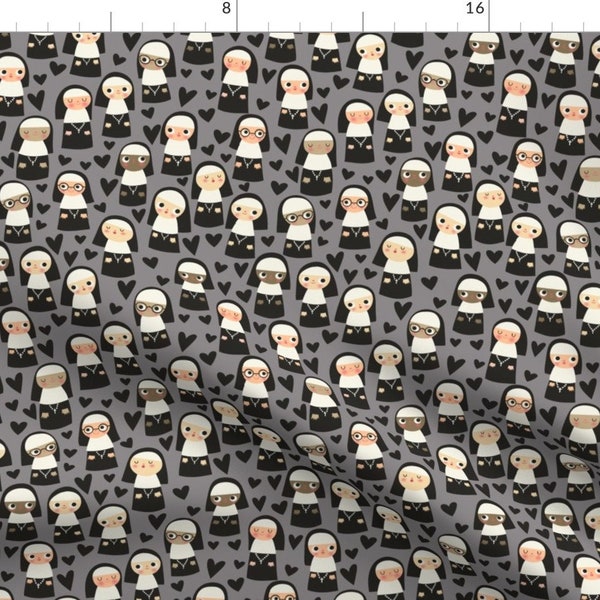 Happy Nuns Fabric - Nuns On Gray By Heidikenney - Nuns Hearts Religious Worship Teach Women Gray Cotton Fabric By The Yard With Spoonflower