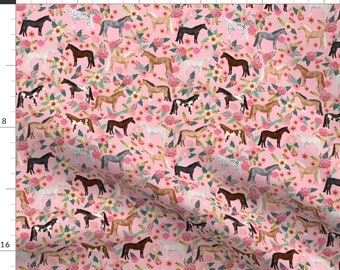 Horse Fabric - Horse Floral By Petfriendly - Pink Farm Rustic Animal Cute Country Girls Flowers Cotton Fabric By The Yard With Spoonflower