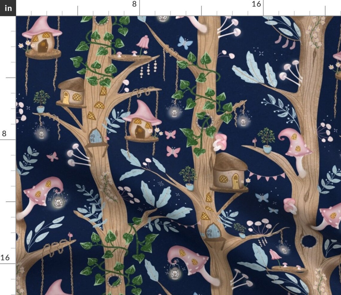 Navy Trees Fabric Enchanted Fairy Forest by Lauren Faye Etsy