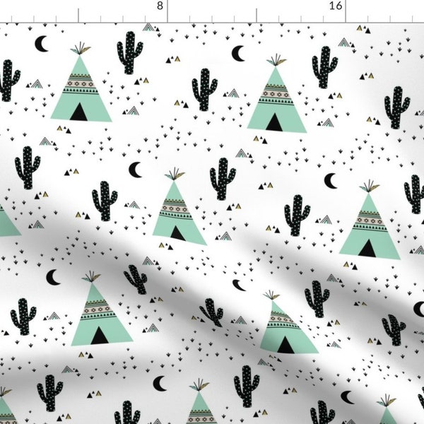 Teepee and Cactus Fabric - Tipi Teepee - White Background By Kimsa - Teepee Southwestern Cacti Cotton Fabric By The Yard With Spoonflower