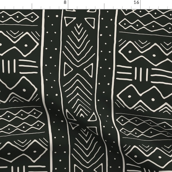 Mudcloth Fabric - Mudcloth In Bone On Black by domesticate - Black Cream African Tribal Geometric Fabric by the Yard by Spoonflower