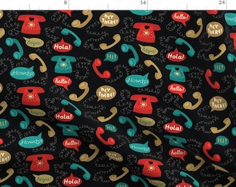 Retro Telephones Fabric- Telephones- Black By Mintgreensewingmachine- Vintage Phone Speech Bubble Cotton Fabric By The Yard With Spoonflower