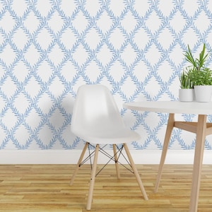 Blue Peel and Stick Wallpaper -  Trellis Botanical Fern Floral Geometric Blue - Removable Wall Decor Art - Leaf Trellis  by danika_herrick
