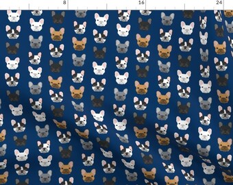 May include: A repeating pattern of French Bulldog faces in various colors on a dark blue background. The pattern includes black, white, brown, and gray French Bulldogs.