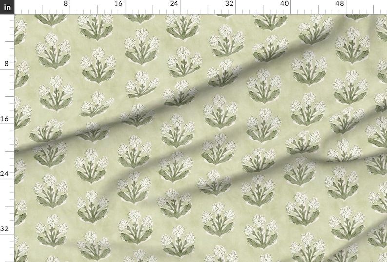Traditional Fabric - Boho Wildflower Green by apostrofodesign - Botanical Block Print Cottagecore Preppy Fabric by the Yard by Spoonflower image 2