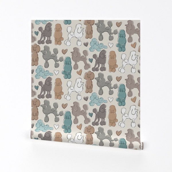 Cute Neutral Dogs Wallpaper - Poodle Love by dancing-rabbit-designs - Fun Poodles Tan Teal Removable Peel and Stick Wallpaper by Spoonflower