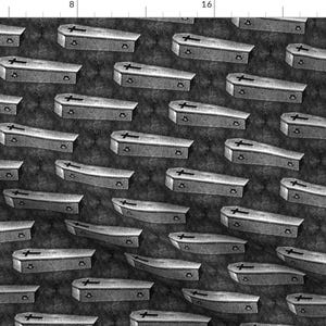 May include: A seamless pattern featuring a repeating design of black and white coffins on a dark gray background.