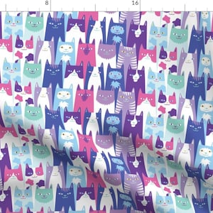 Kawaii Kids Kitties Fabric - Colorful Cats By Pinkowlet - Blue Green Pink Purple Pets Cats Cotton Fabric By The Yard With Spoonflower