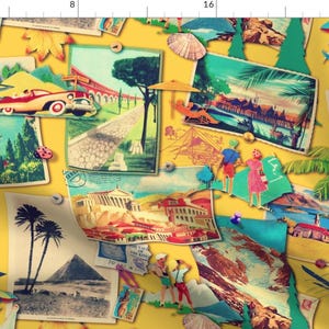 Retro Travel Postcard Fabric - The Wall Of Retro Postcards (Yellow) By Chicca Besso - Retro Cotton Fabric By The Yard With Spoonflower