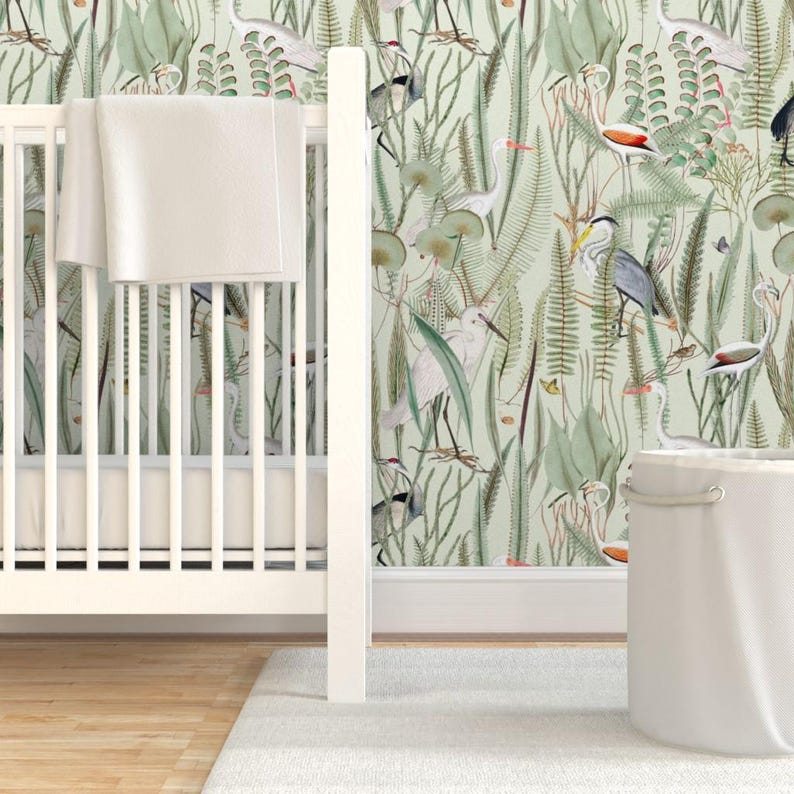 Coastal Wallpaper - Herons In Marsh By Down River Homegoods - Light Green Swamp Bird Removable Self Adhesive Wallpaper Roll by Spoonflower image 6
