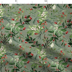 Mistletoe Fabric - Mistletoe And Holly Christmas Florals By Hipkiddesigns - Red Sage Linen Look Cotton Fabric By The Yard With Spoonflower