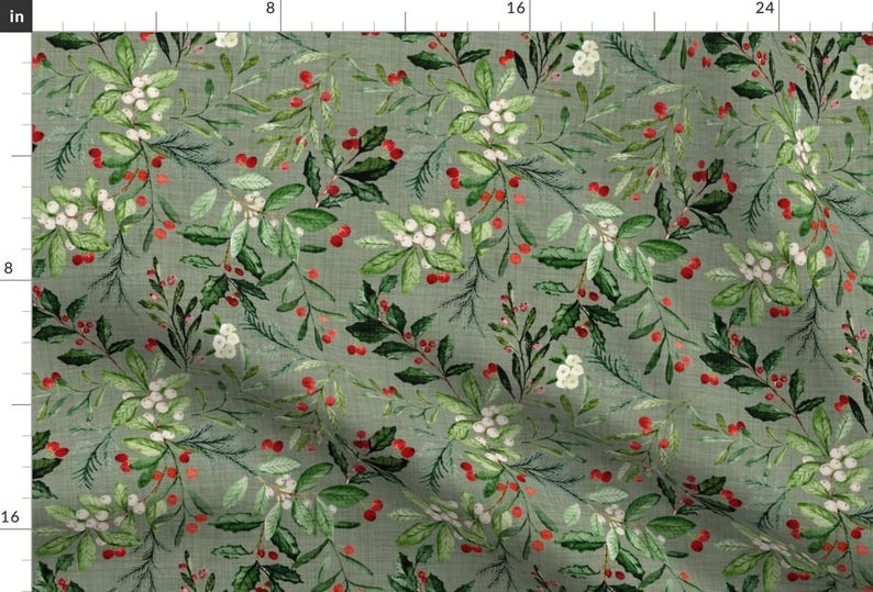 Mistletoe Fabric - Mistletoe And Holly Christmas Florals By Hipkiddesigns - Red Sage Linen Look Cotton Fabric By The Yard With Spoonflower image 1