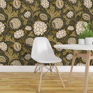 « Papier peint amovible floral - Cottagecore havane crème vert damassé - Art mural déco murale - Grand jardin » par serena_archetti
