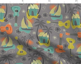 Midcentury Modern Fabric - Ukulele Aloha Island Breeze By Bzbdesigner - Midcentury Modern Tropical Ukulele Gray Fabric With Spoonflower