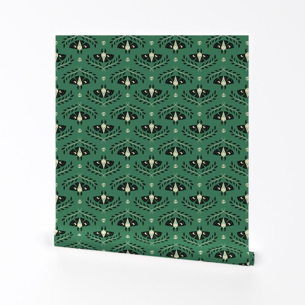 Moth Wallpaper - Spooky Moths (Green) By Therewillbecute - Green Moth Custom Printed Removable Self Adhesive Wallpaper Roll by Spoonflower
