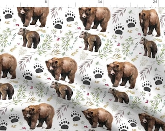 Bear Fabric - Watercolor Mama Bear Cub In The Woods By Shopcabin - Woodland Bear Cotton Fabric By The Yard With Spoonflower