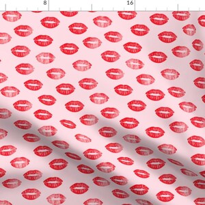 Kisses Fabric - Smooches Kisses Red On Pink By Littlearrowdesign - Kisses Valentine&#39;s Day Lips Cotton Fabric By The Yard With Spoonflower