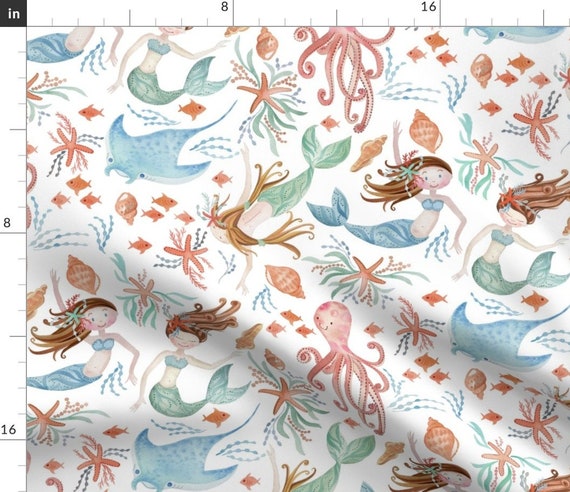 Whimsical Watercolor Mermaids Fabric Sweet Mermaids by Cjldesigns Mermaid  Manta Ray Ocean Sea Cotton Fabric by the Yard With Spoonflower -  Canada